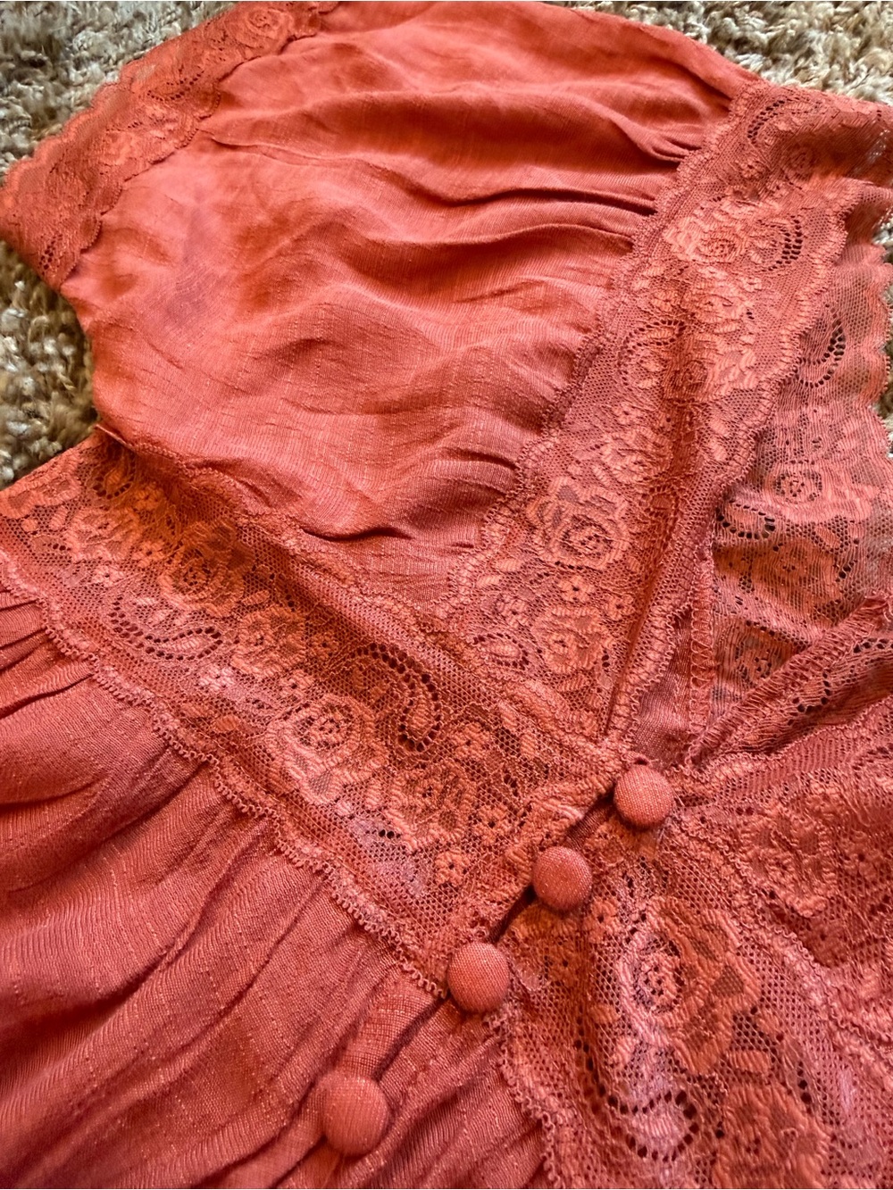 American Flirt Terracotta Lace Peplum Top Sz M NWT